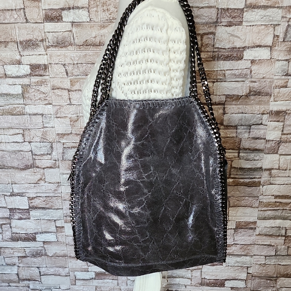 Borse In Pelle Made In Italy Stylish Gray/Black Chain-Trimmed Women's Bag